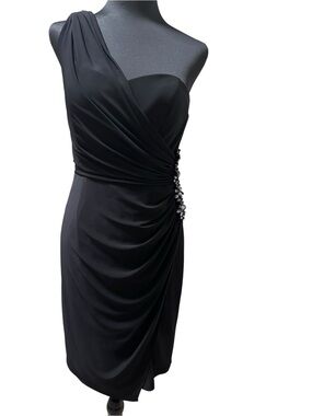 Xscape One-Shoulder Black Cocktail Dress with Crystal Side Detail